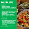 A recipe for McCormick Pork Fajitas with ingredients, instructions, and prep and cook times.