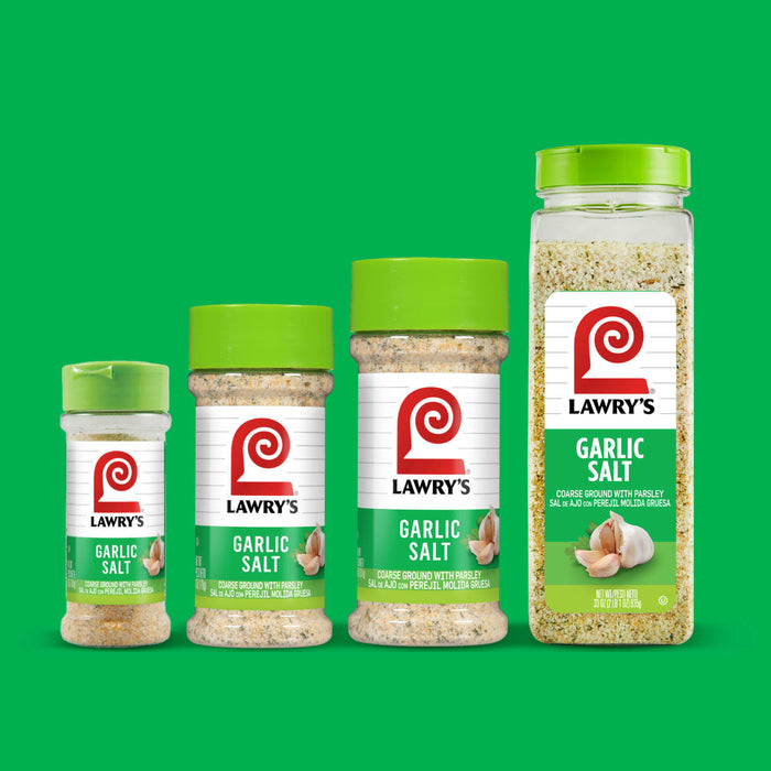 Four different sizes of Lawry's Garlic Salt with parsley.