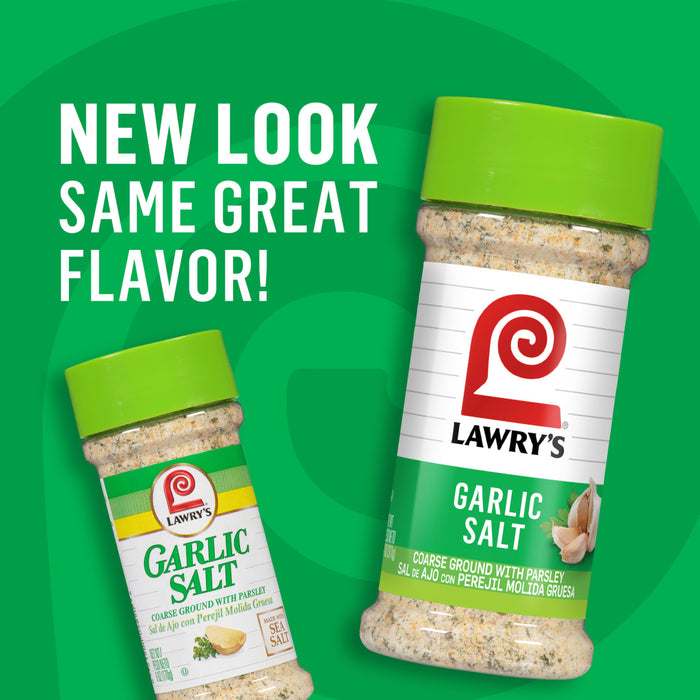 Two jars of Lawry's Garlic Salt with a green background.