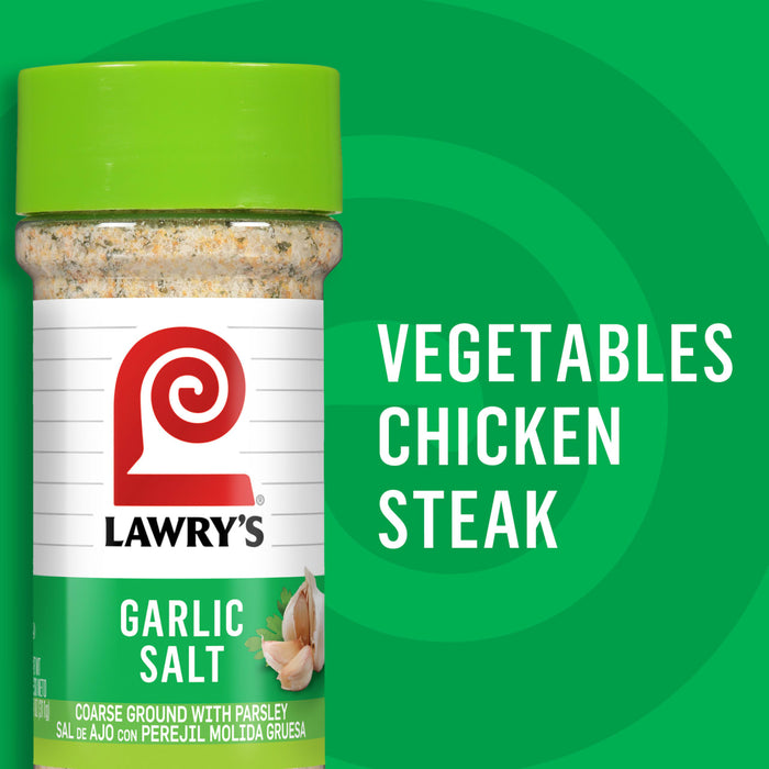 A jar of Lawry's Garlic Salt with a green background.