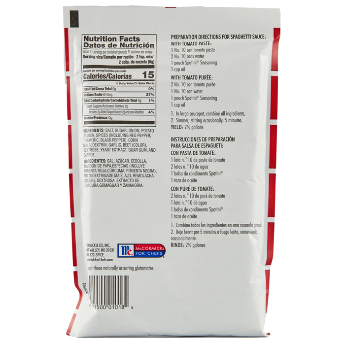 McCormick For Chefs Spaghetti Sauce packet with nutrition facts and preparation instructions.