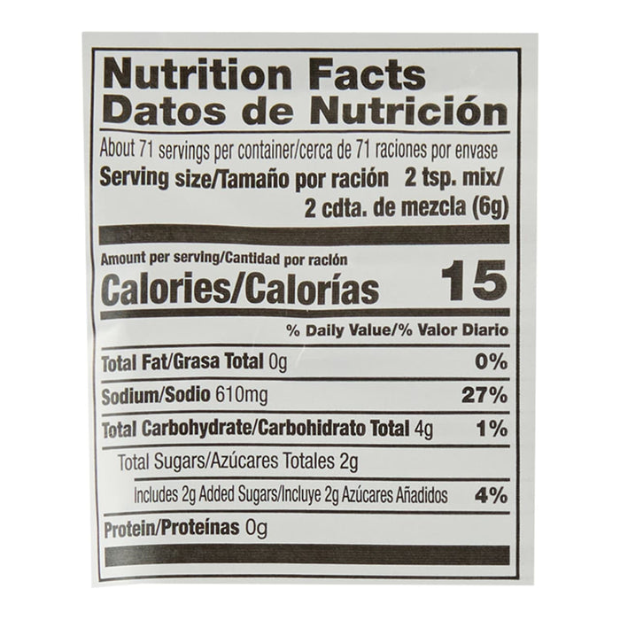 Nutrition facts label for a product with 15 calories per serving.