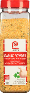 A jar of Lawry's Garlic Powder with parsley.