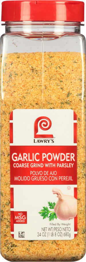 A jar of Lawry's Garlic Powder with parsley.