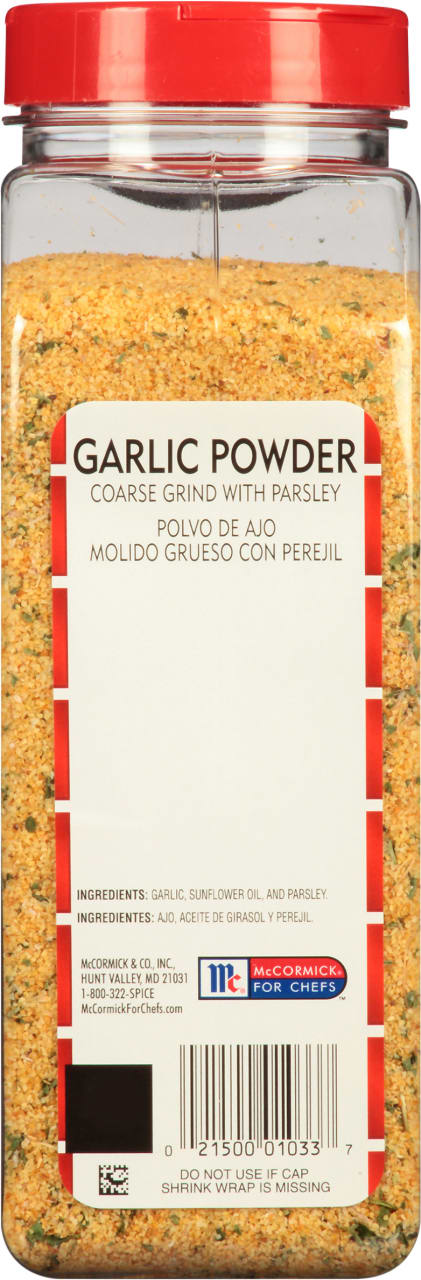 A jar of McCormick For Chefs Garlic Powder with a red lid.
