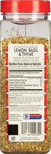 McCormick for Chefs Lemon, Basil &amp; Thyme seasoning jar with nutrition facts and ingredients.