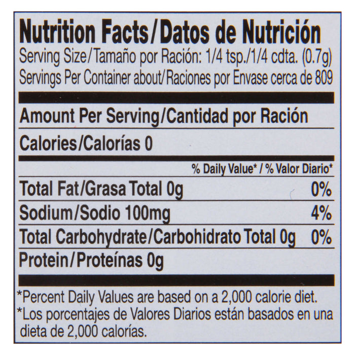 Nutrition facts label for a product with 0 calories per serving.