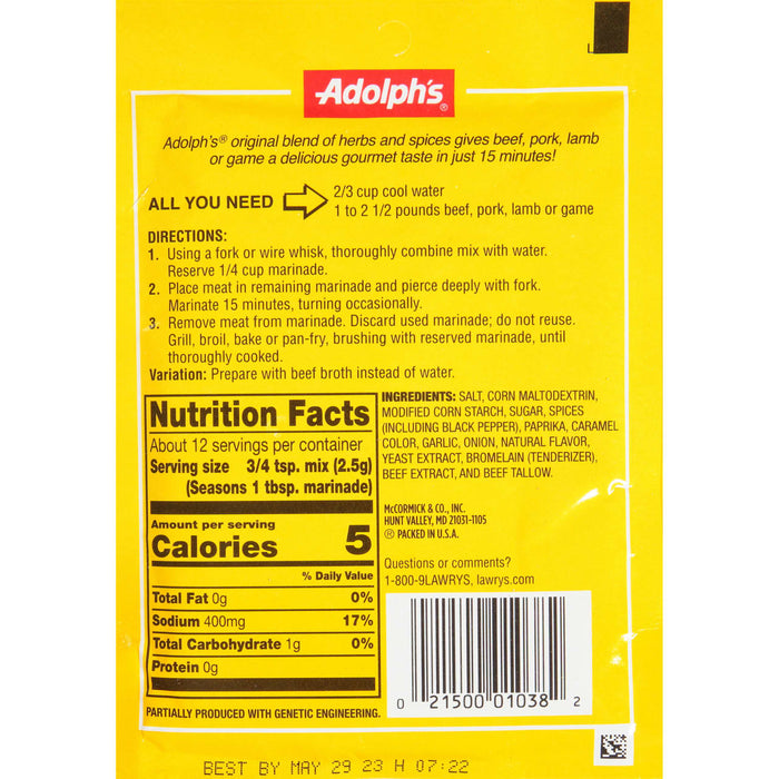 Adolph's Seasoning Nutrition Facts label with a barcode and best by date.