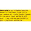 A list of ingredients for a product, including salt, corn maltodextrin, modified corn starch, sugar, spices, paprika, caramel color, garlic, onion, natural flavor, yeast extract, bromelain, beef extract, and beef tallow.