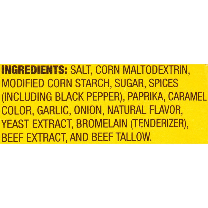 A list of ingredients for a product, including salt, corn maltodextrin, modified corn starch, sugar, spices, paprika, caramel color, garlic, onion, natural flavor, yeast extract, bromelain, beef extract, and beef tallow.