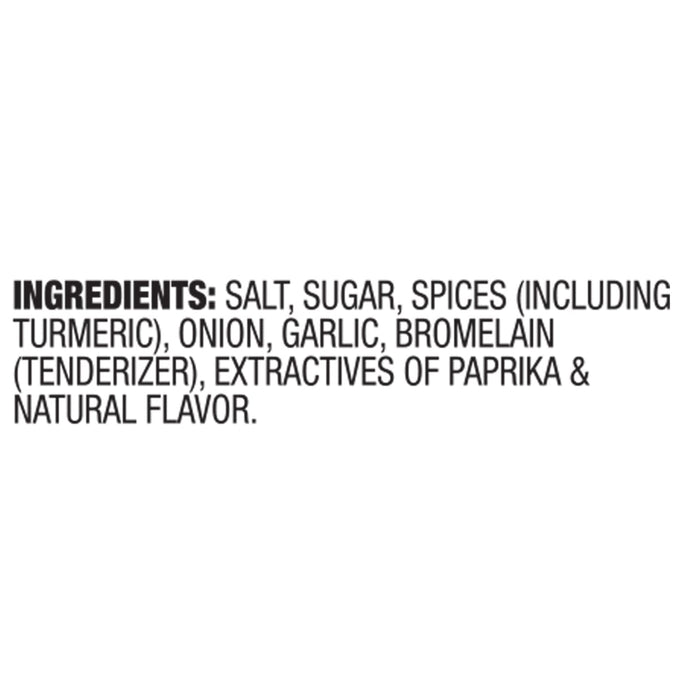 A list of ingredients for a product, including salt, sugar, spices, turmeric, onion, garlic, bromelain, paprika, and natural flavor.
