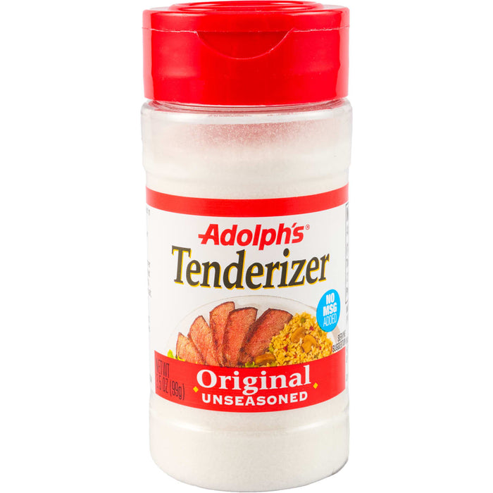 A plastic jar of Adolph's Original Unseasoned Tenderizer.