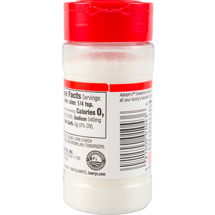A bottle of Adolph's Tenderizer with nutritional information and a barcode on the side.