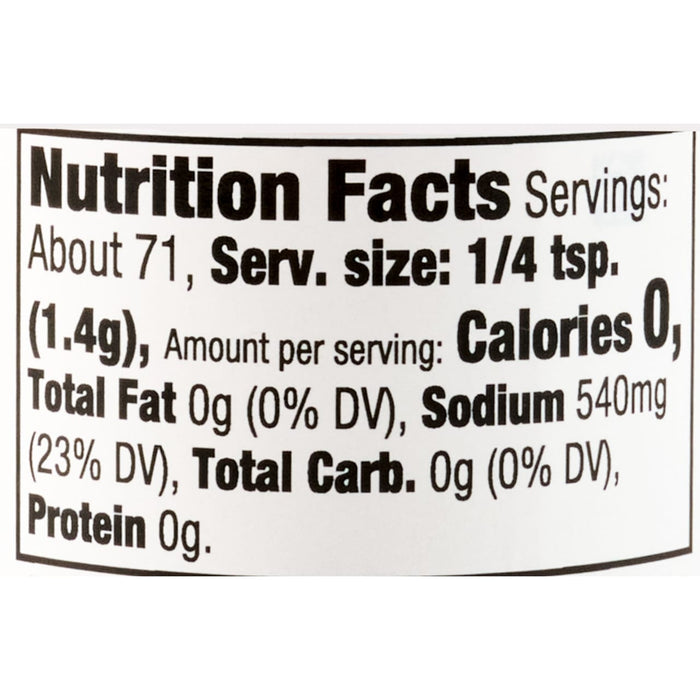 Nutrition facts label for a product with 0 calories per serving.