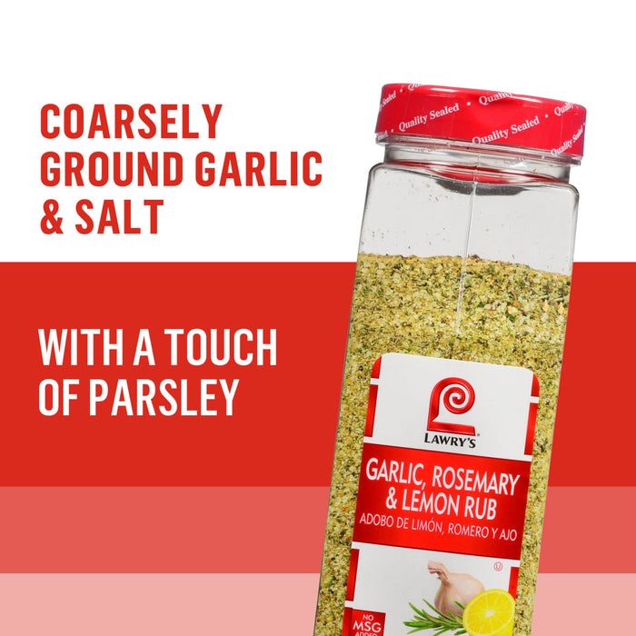 Lawry's Garlic Rosemary &amp; Lemon Rub seasoning blend in a clear plastic container with a red lid.