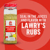 A container of Lawry's Garlic Rosemary Lemon Rub is featured to promote sealing in juices and flavor.
