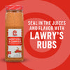 A bottle of Lawry's Smoky Chili &amp; Cumin Rub is featured with the text Seal in the Juices and Flavor with Lawry's Rubs.