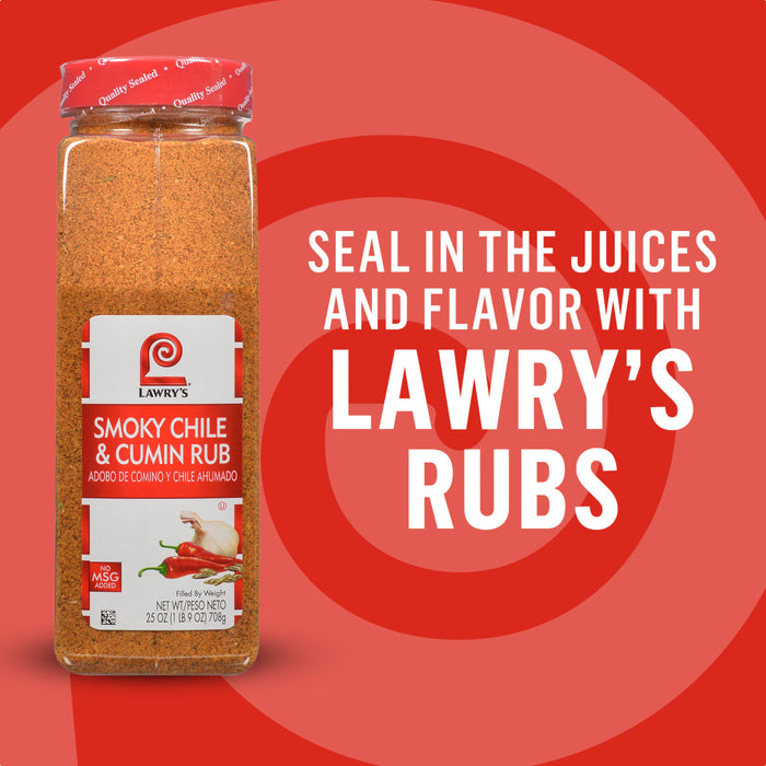 A bottle of Lawry's Smoky Chili &amp; Cumin Rub is featured with the text Seal in the Juices and Flavor with Lawry's Rubs.