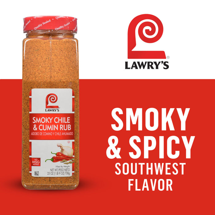 Lawry's Smoky Chili &amp; Cumin Rub is shown, highlighting its smoky and spicy Southwest flavor.