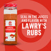 A container of Lawry's Chipotle Cinnamon Rub is featured, emphasizing its ability to seal in juices and flavor.
