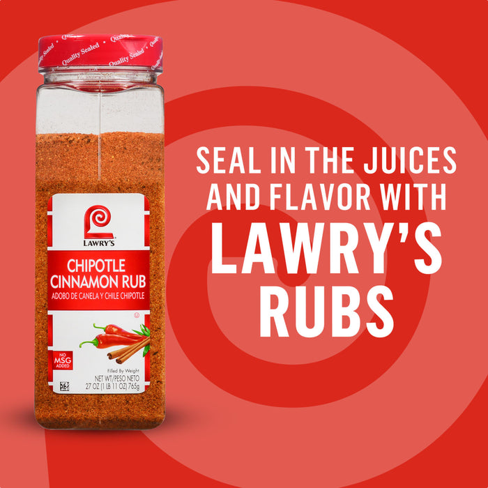 A container of Lawry's Chipotle Cinnamon Rub is featured, emphasizing its ability to seal in juices and flavor.