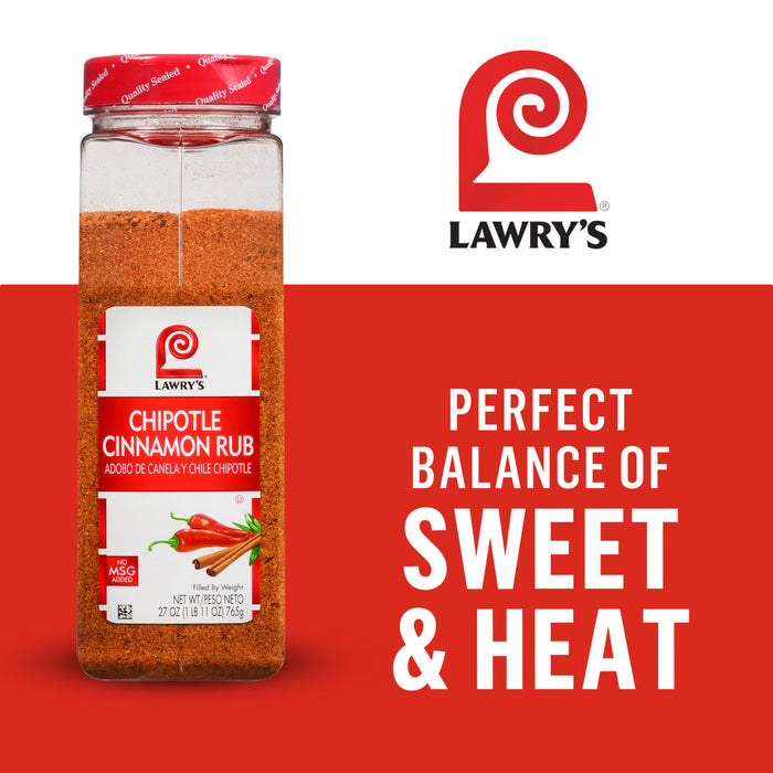 A jar of Lawry's Chipotle Cinnamon Rub is shown, highlighting its perfect balance of sweet and heat.