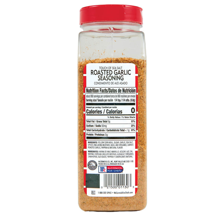 A bottle of McCormick for Chefs Roasted Garlic Seasoning.