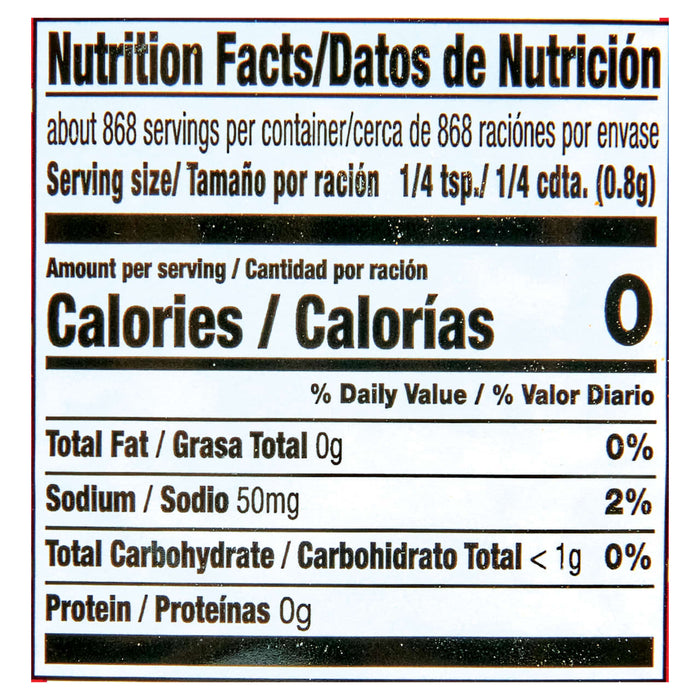 Nutrition facts label for a product with 0 calories per serving.