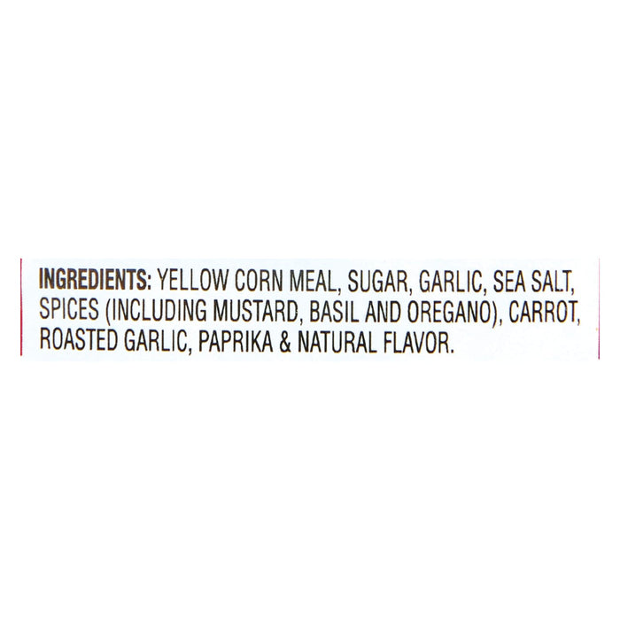 A list of ingredients for a product, including yellow corn meal, sugar, garlic, sea salt, spices, carrot, roasted garlic, paprika, and natural flavor.