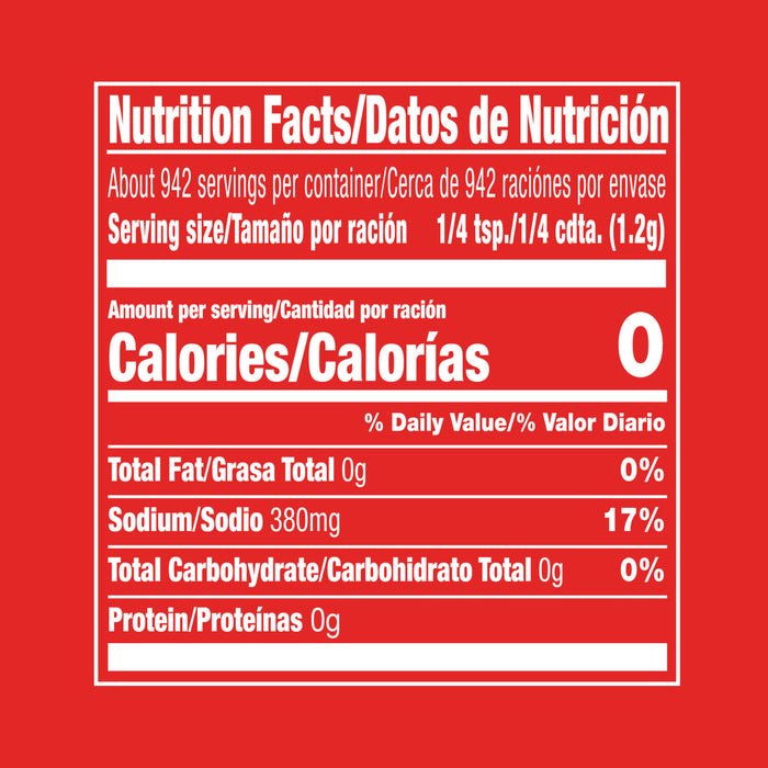 The image shows a nutrition facts label with 0 calories, 17% sodium, and 0% carbohydrates.