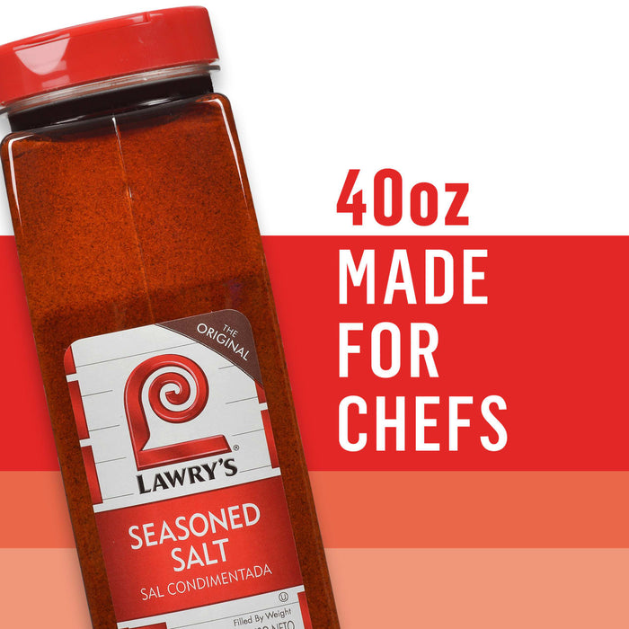 A 40oz container of Lawry's Seasoned Salt, marketed as made for chefs.