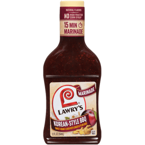 A bottle of Lawrys Korean-Style BBQ Marinade a sweet Asian flavor with ginger and plum juice.