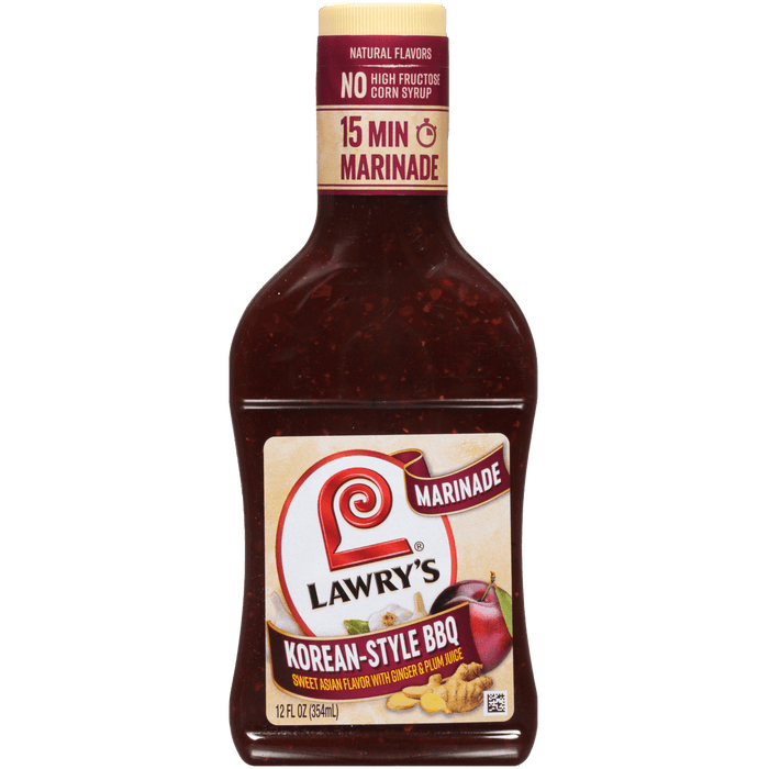 A bottle of Lawrys Korean-Style BBQ Marinade a sweet Asian flavor with ginger and plum juice.