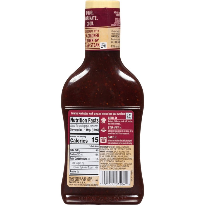 A bottle of Lawrys Korean-Style BBQ marinade with nutrition facts and ingredients listed on the label.