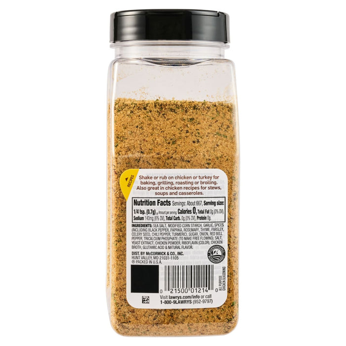 A bottle of Lawry's All Purpose Chicken Seasoning.