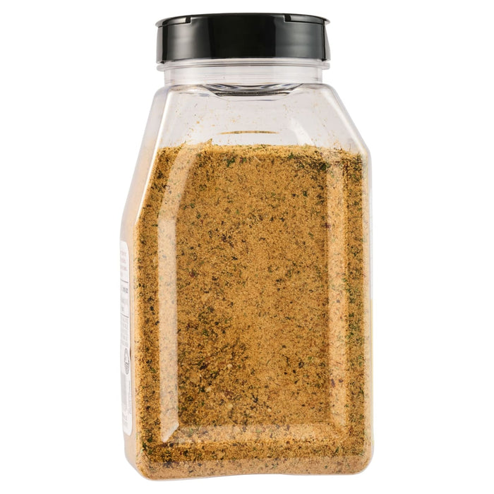 A clear plastic jar of McCormick Grill Mates Montreal Steak Seasoning.