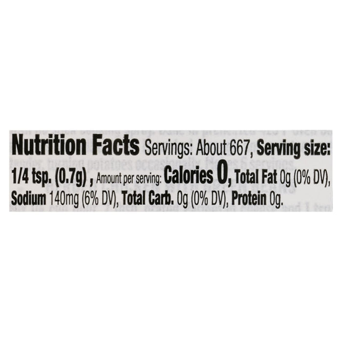 The image shows a nutrition facts label with a serving size of 1/4 tsp (0.7g), 0 calories, 0g total fat, 140mg sodium, 0g total carbohydrates, and 0g protein.