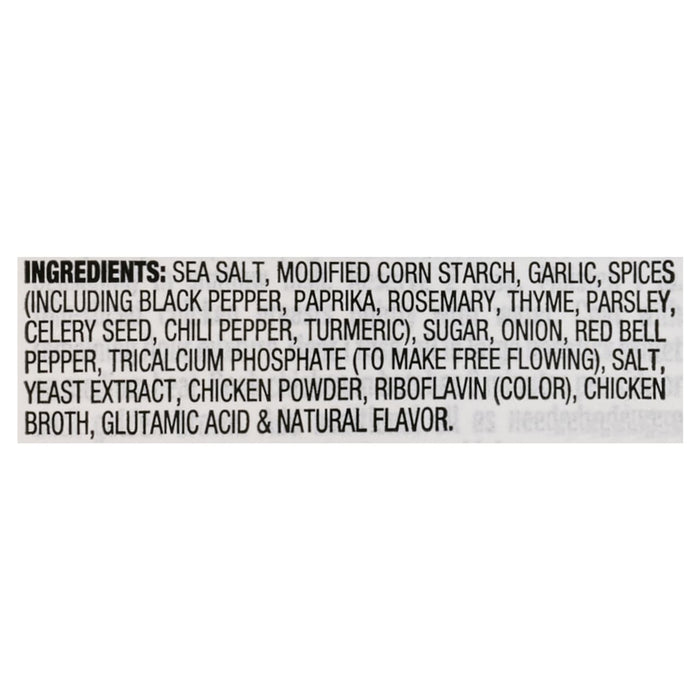 The image shows a list of ingredients including sea salt, modified corn starch, garlic, and spices.