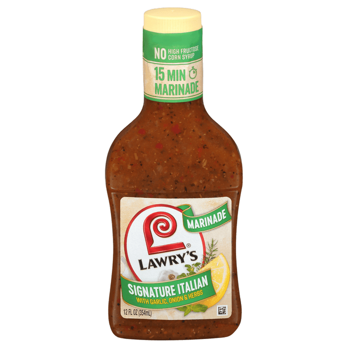 ["A bottle of Lawry's Signature Italian marinade with garlic, onion, and herbs."]