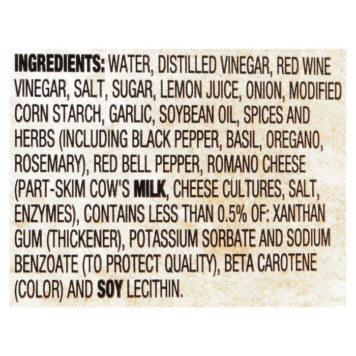 ['A list of ingredients for a product, including water, distilled vinegar, red wine vinegar, salt, sugar, lemon juice, onion, modified corn starch, garlic, soybean oil, spices and herbs.']