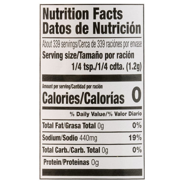 A nutrition facts label shows a serving size of 1/4 tsp with 0 calories and 440mg of sodium.