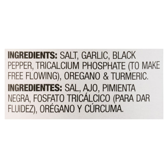The image shows the ingredient list for a seasoning blend, including salt, garlic, black pepper, tricalcium phosphate, oregano, and turmeric, in both English and Spanish.