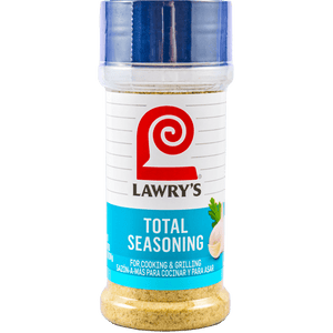A container of Lawrys Casero Total Seasoning for cooking and grilling.