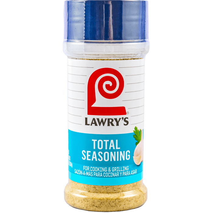A container of Lawrys Casero Total Seasoning for cooking and grilling.