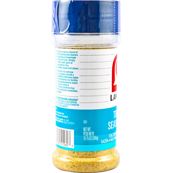 A container of Lawrys Total Seasoning a savory blend of oregano parsley and cilantro.