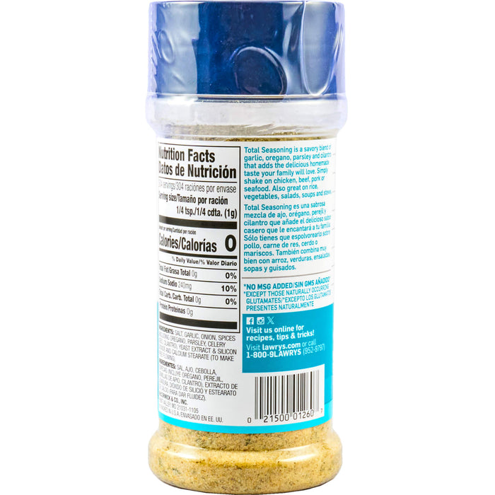 A container of Lawrys Total Seasoning with nutrition facts and ingredients listed on the label.