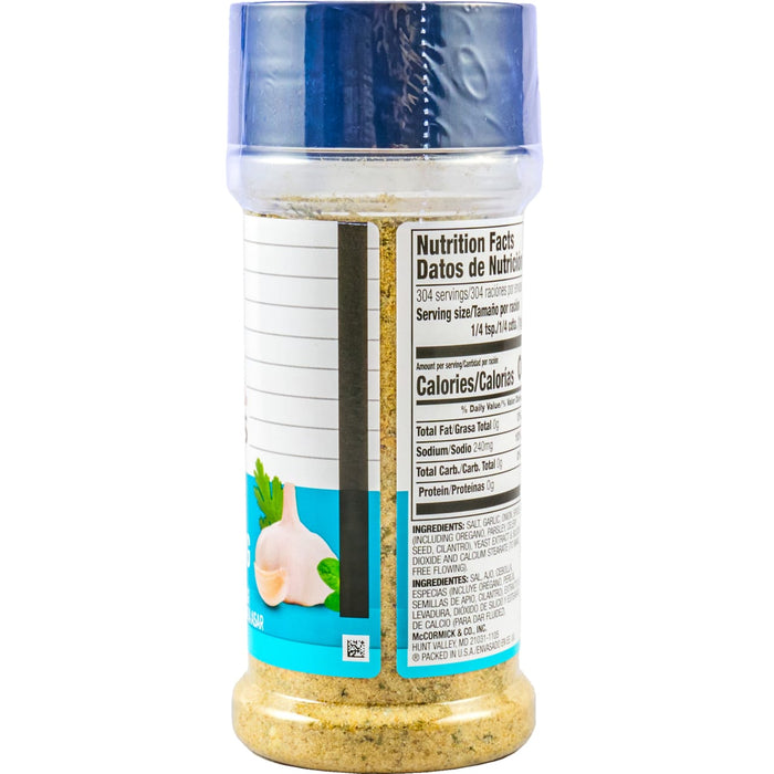 A container of McCormick Garlic Herb All Purpose Seasoning with nutrition facts and ingredients listed on the label.