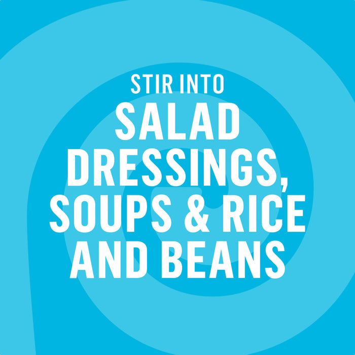 The image suggests stirring the product into salad dressings, soups, rice, and beans.