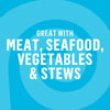 The image promotes the product as being great with meat, seafood, vegetables, and stews.
