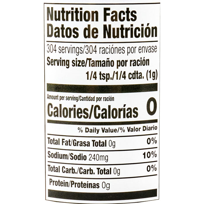 Nutrition facts label showing that a serving size of 1/4 tsp (1g) contains 0 calories 0% total fat 10% sodium 0% total carbohydrates and 0g of protein.